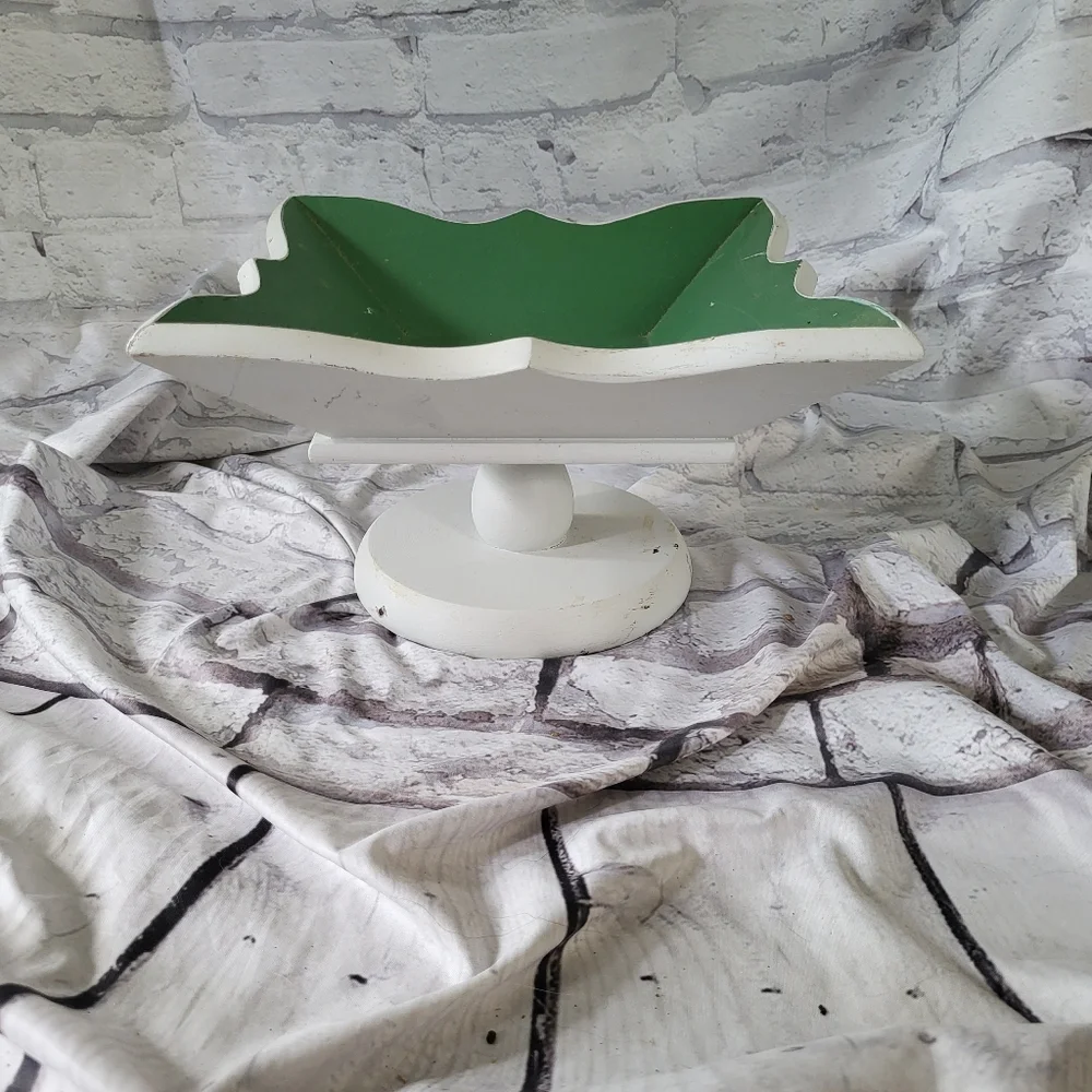 Green and White Decorative Wooden Square Bowl. Vintage.  Fruit included